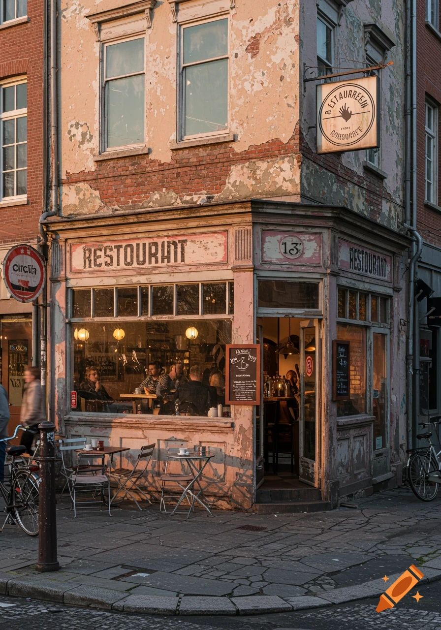 A rustic restaurant on a street corner with peeling paint and exposed brick, bathed in warm sunlight. People are visible inside, and outdoor tables and a bicycle are on the sidewalk.