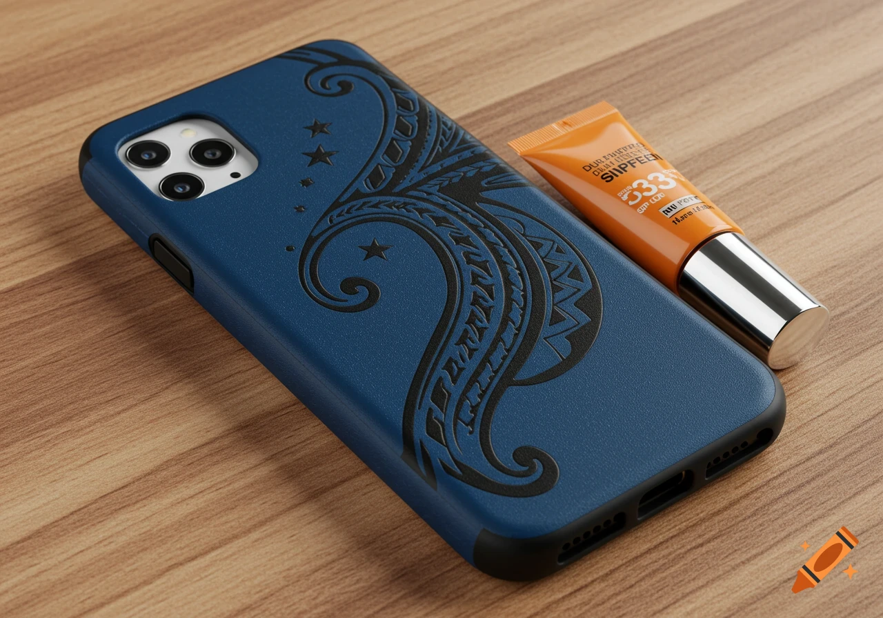 Close-up of a dark blue phone case with a black tribal design next to an orange tube of sunscreen on a wooden table.