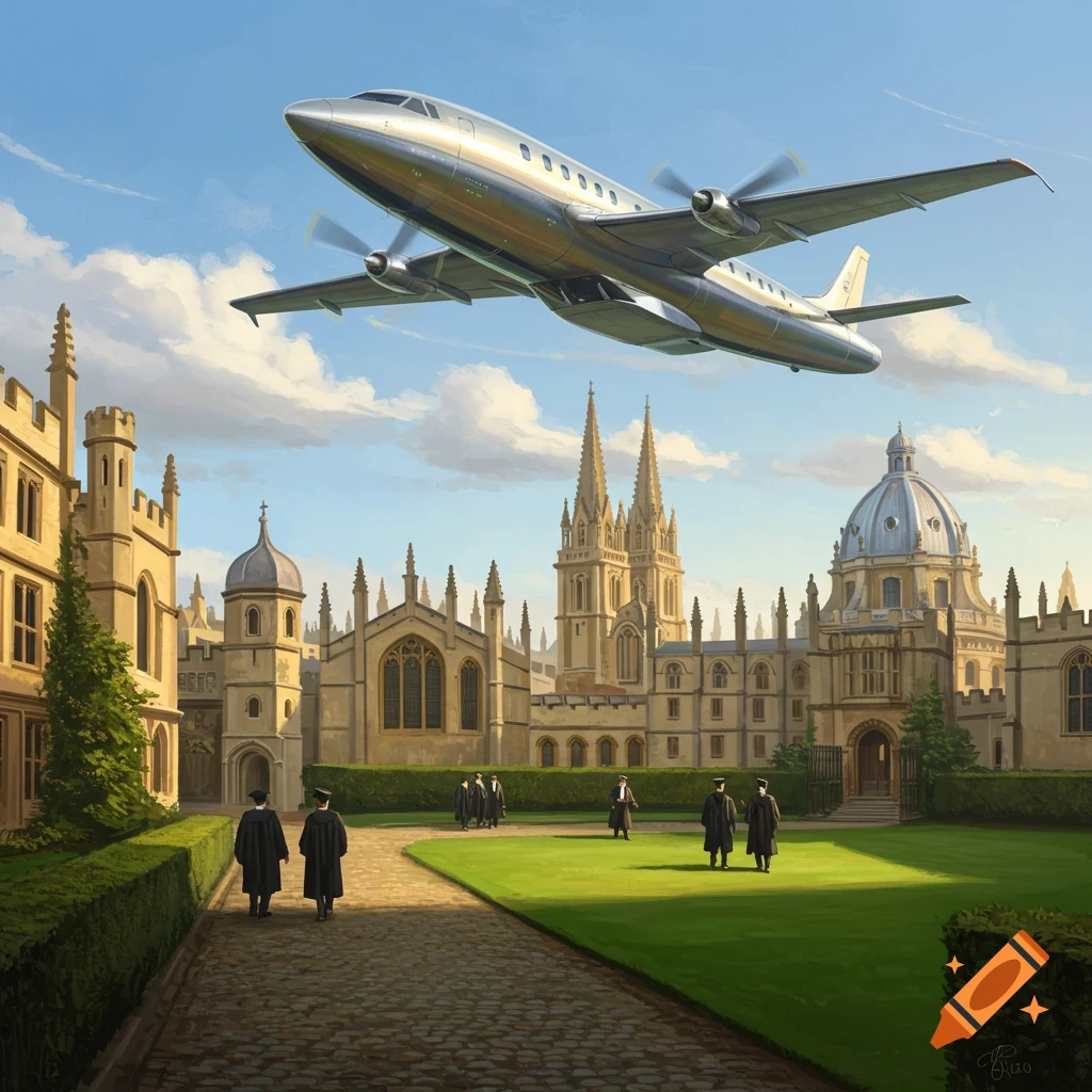 A silver propeller plane flies over the historic buildings and green lawns of Oxford University, with people in academic robes walking below.