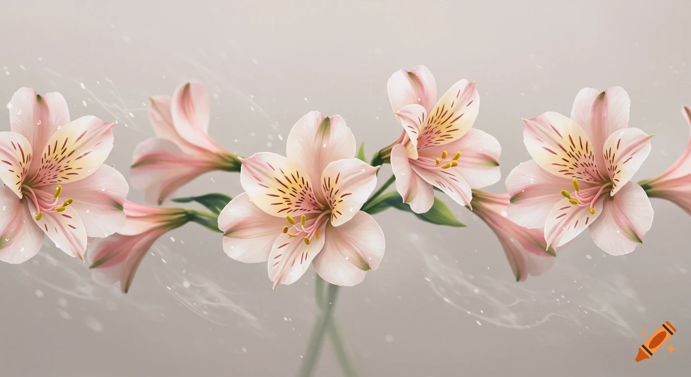 Close-up of several light pink and white Peruvian lilies with yellow and red speckles, with water droplets, on a soft background.