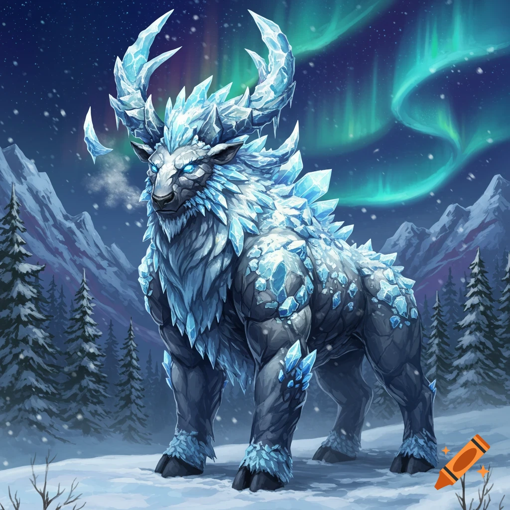 A majestic ice and crystal creature resembling a deer stands in a snowy mountain landscape under the aurora borealis.