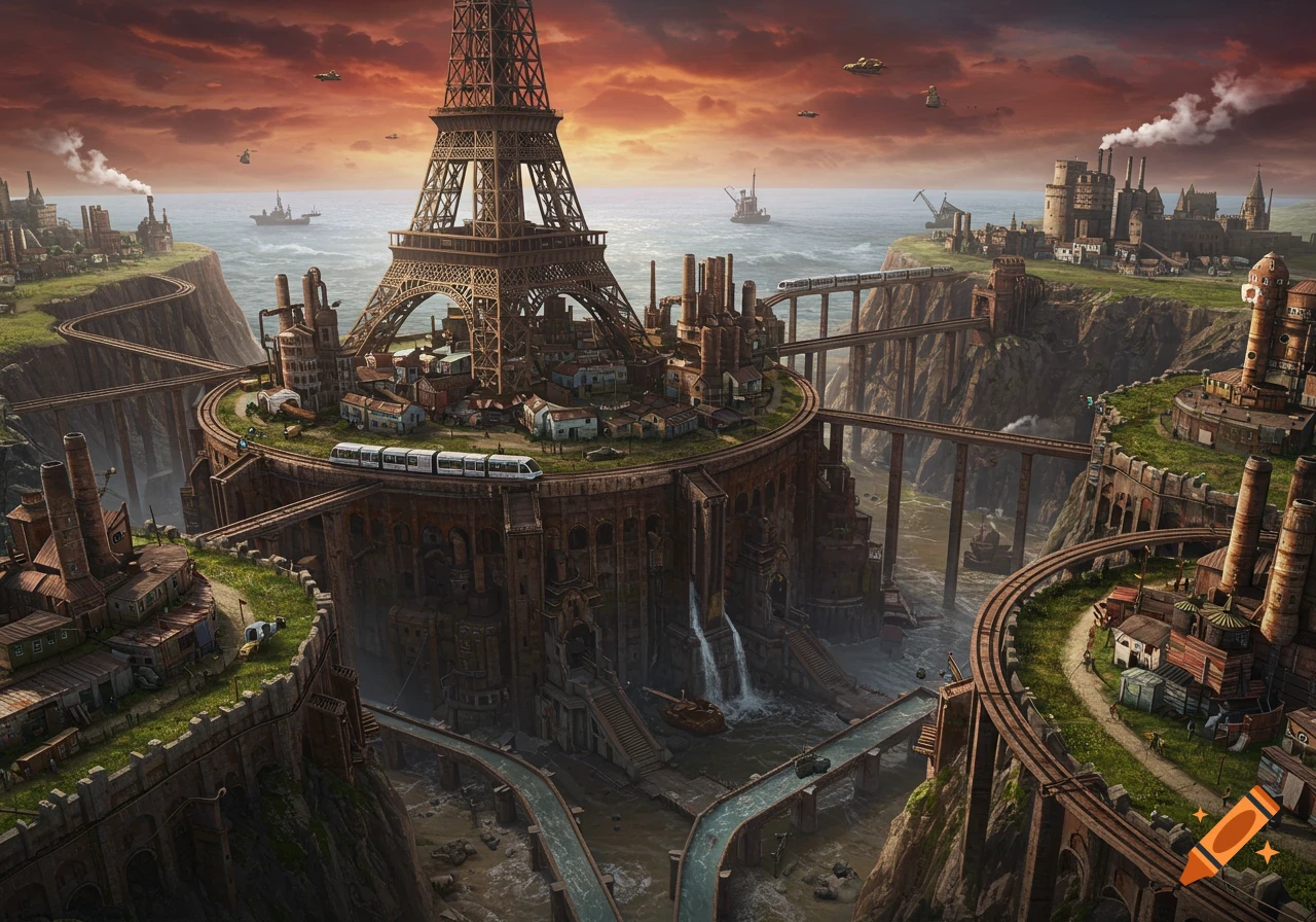 A surreal steampunk city built into seaside cliffs, featuring a colossal Eiffel Tower, elevated train tracks, bridges, and industrial structures under a dramatic sky.