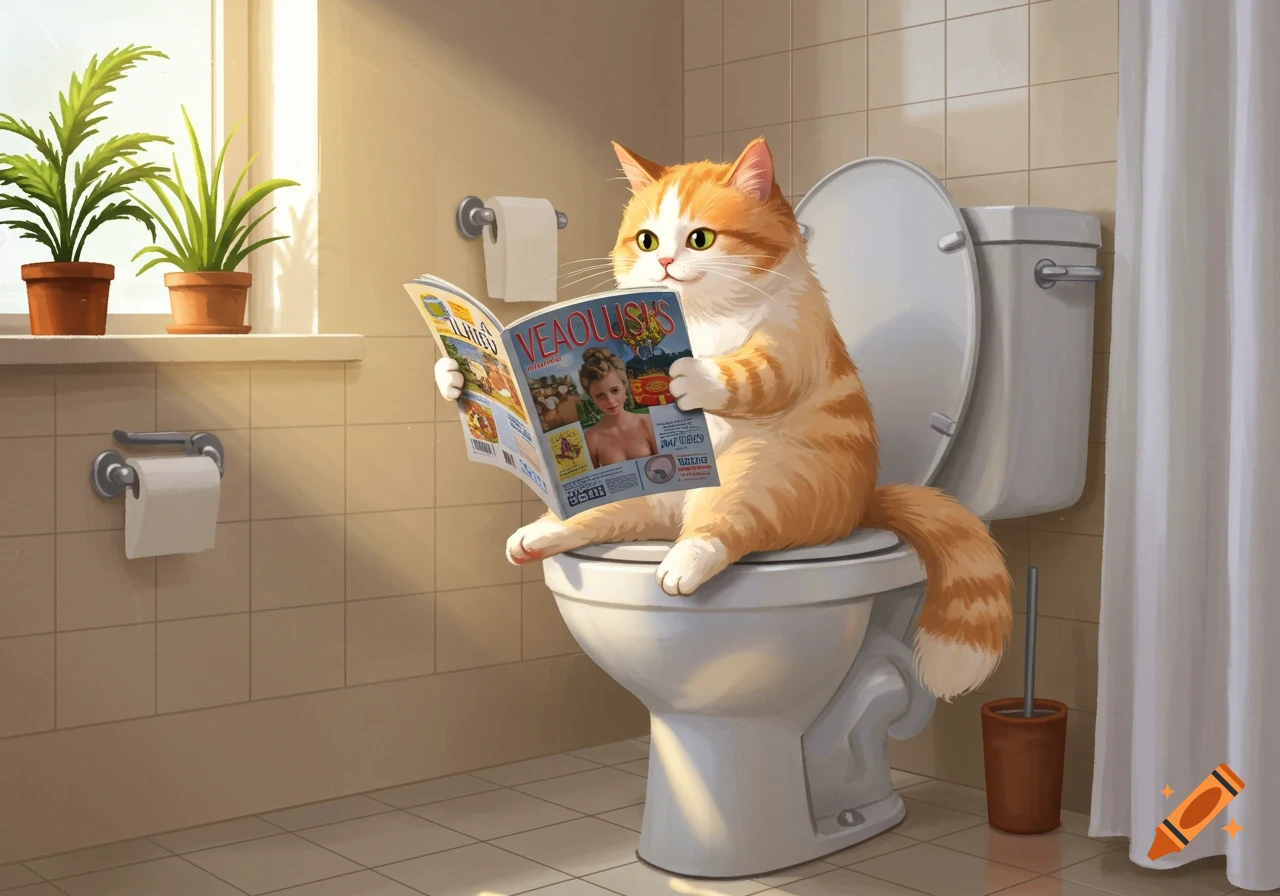 An orange and white cat sits on a toilet, reading a magazine in a sunlit bathroom.