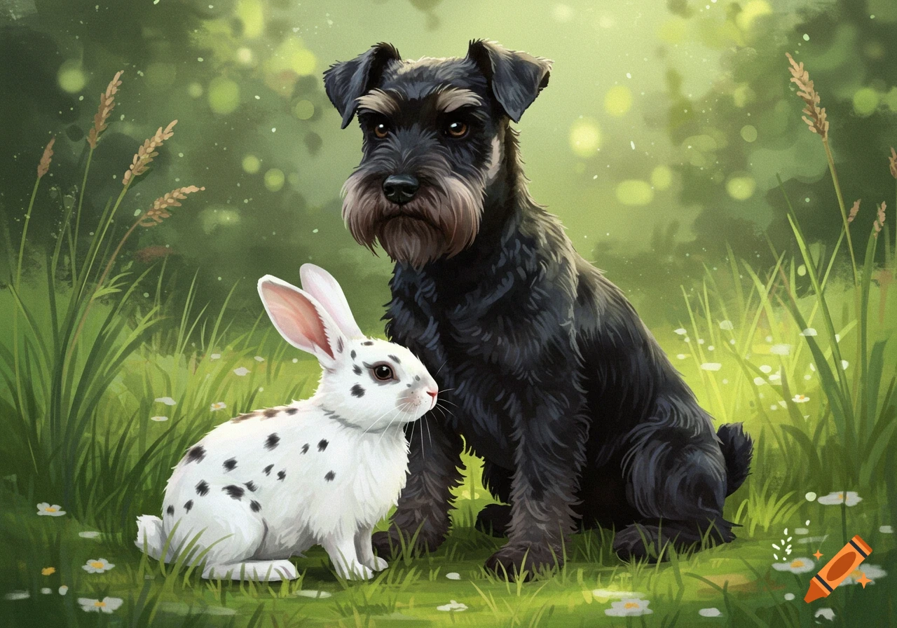 A black standard schnauzer dog and a spotted white rabbit sit side-by-side in a lush green meadow.