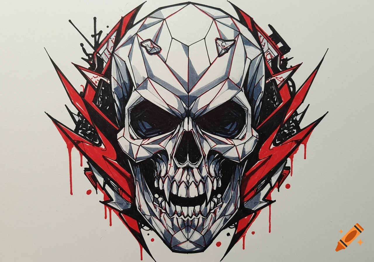 A symmetrical, stylized skull crafted from diamond with sharp fangs, drawn in black, red, and blue ink with an urban punk aesthetic.