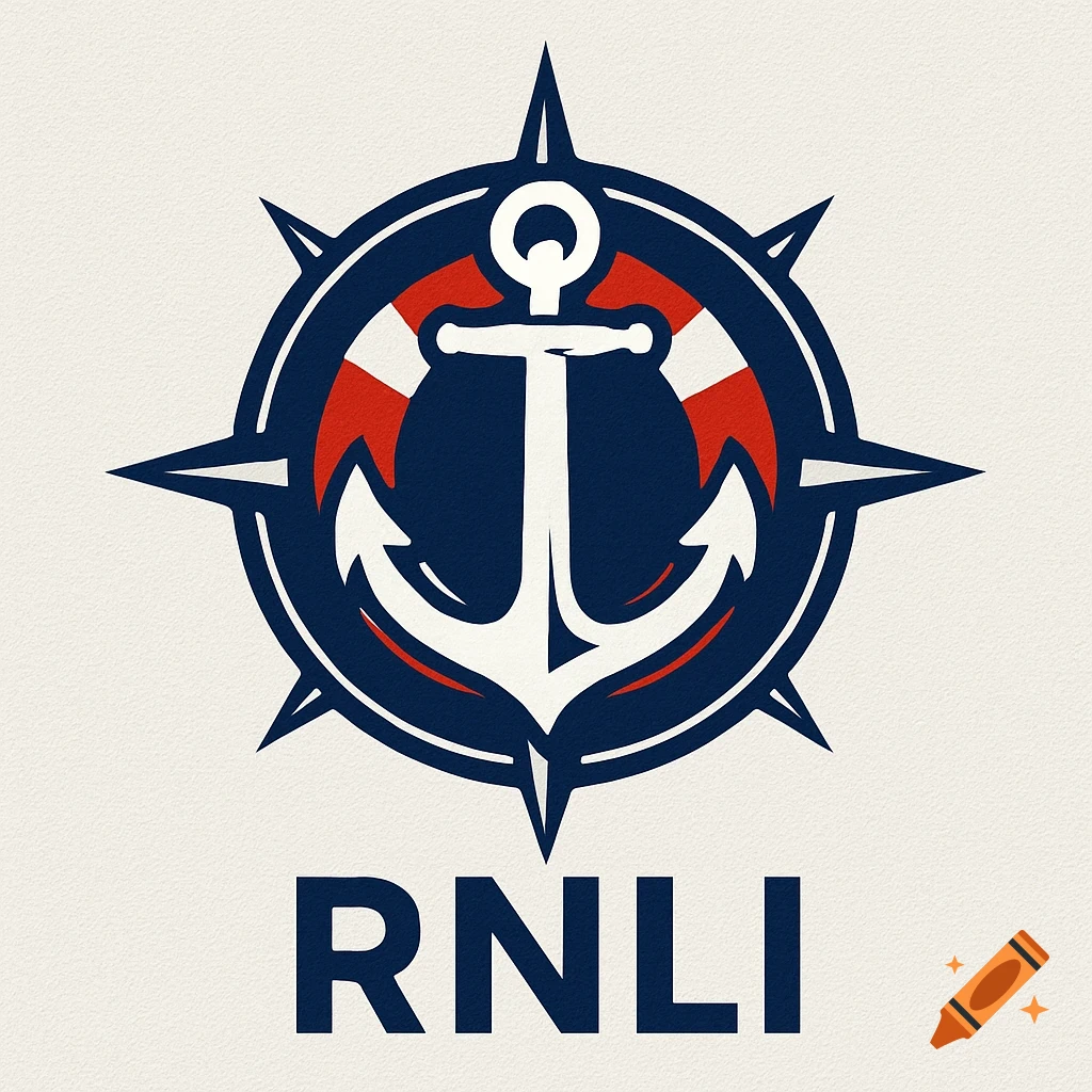 A clean, modern logo featuring a white anchor within a blue and red lifebuoy, surrounded by a blue compass rose, with "RNLI" text below.