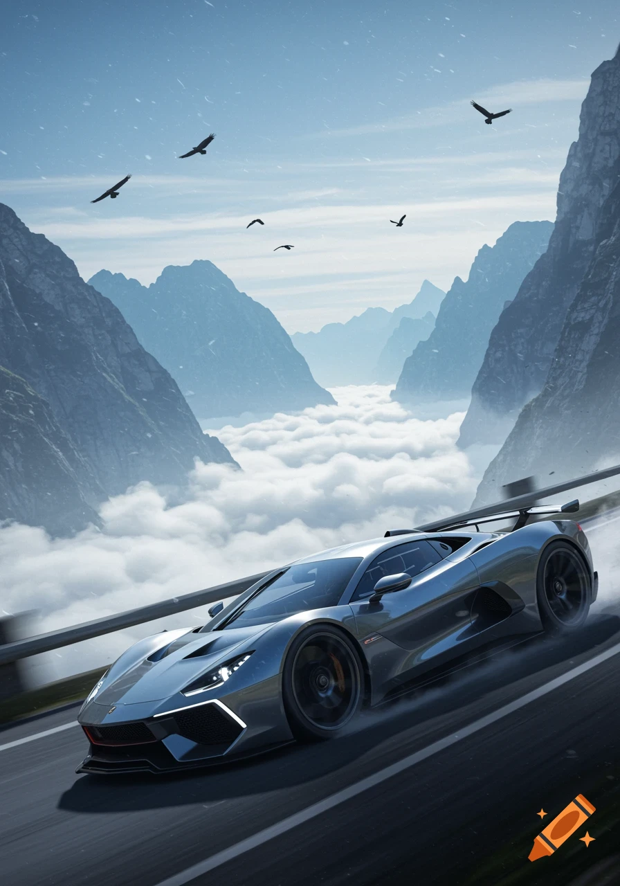 A sleek silver sports car speeds along a mountain road above a sea of clouds, with birds flying in the blue sky.