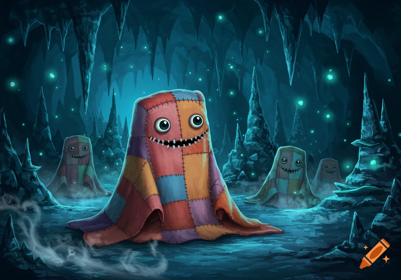 Colorful blanket monsters with big eyes and stitched mouths stand in a dark, glowing cave with jagged rock formations.