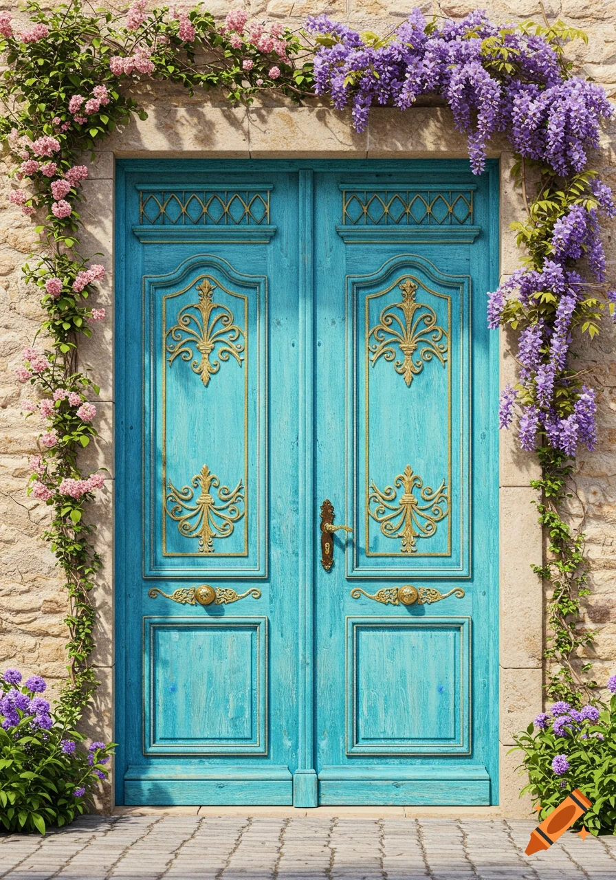 A vibrant blue wooden door with gold ornate details, framed by a stone archway and abundant pink and purple flowering vines.