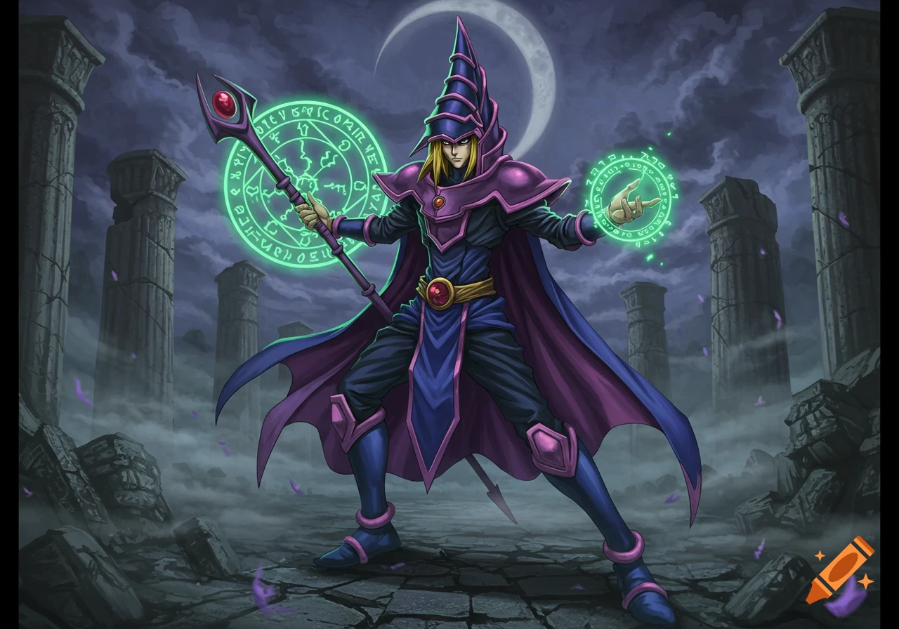 Dark Magician from Yu-Gi-Oh! stands in a ruined landscape under a crescent moon, holding a staff and casting spells with glowing green magic circles.