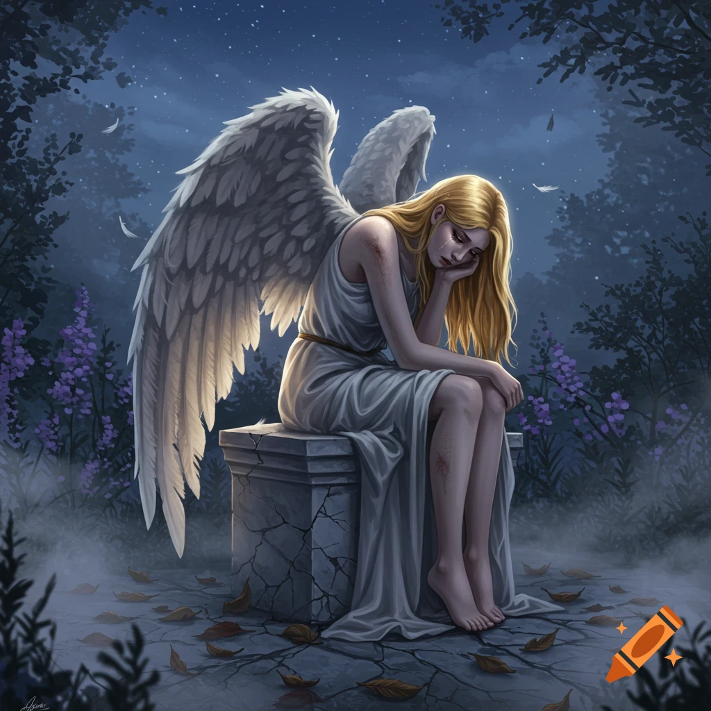 A sad angel with blonde hair and white wings sits on a stone pedestal in a moonlit forest, surrounded by purple flowers and fallen leaves.