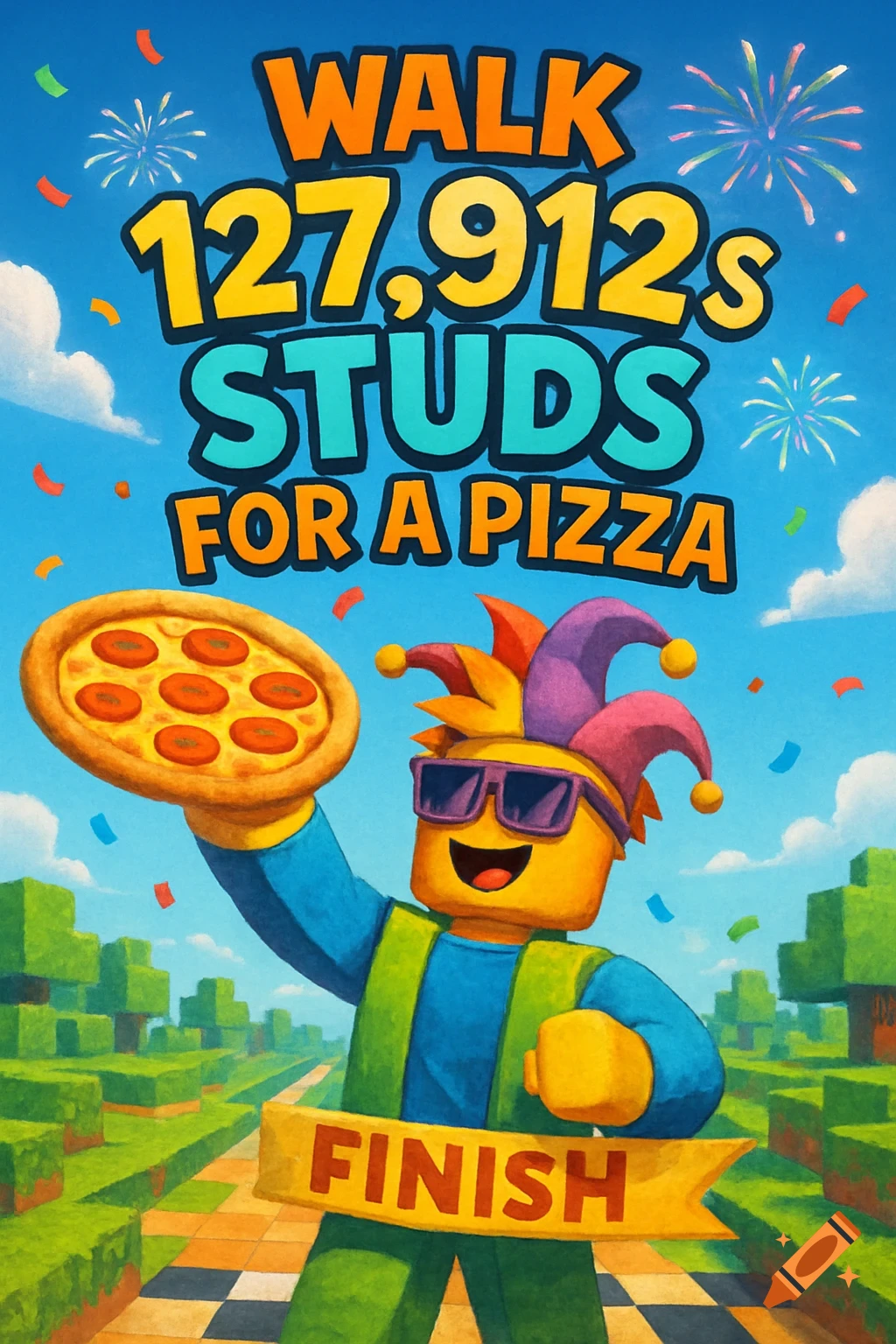 A Roblox character in a jester hat and sunglasses holds a pizza at a finish line. Text reads "WALK 127,912s STUDS FOR A PIZZA" and "FINISH." The background is a blocky, grassy landscape under a blue sky.
