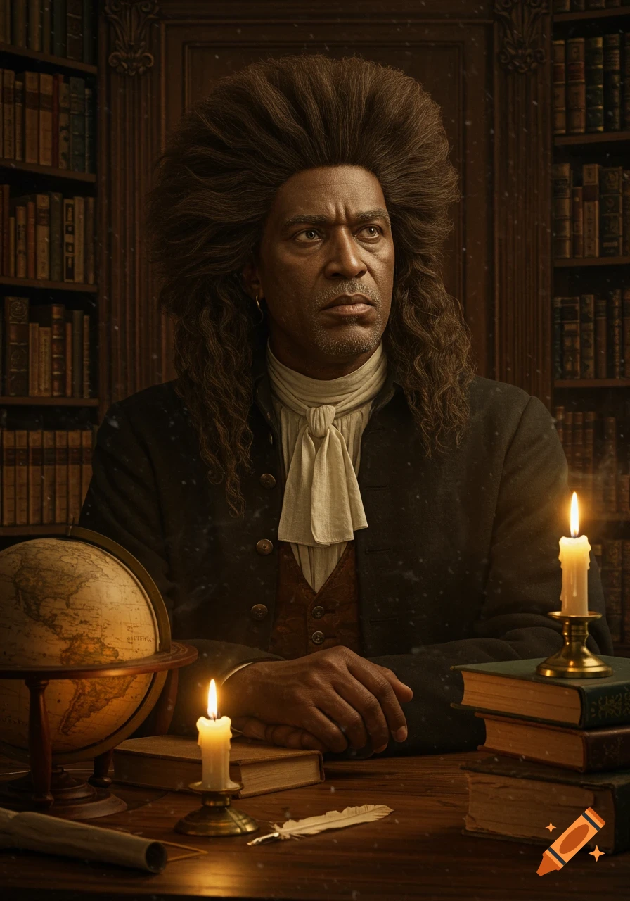 A photorealistic portrait of an older man with long, voluminous dark hair, dressed in historical attire, sitting at a wooden desk with a globe, books, candles, and a quill in a dimly lit library.