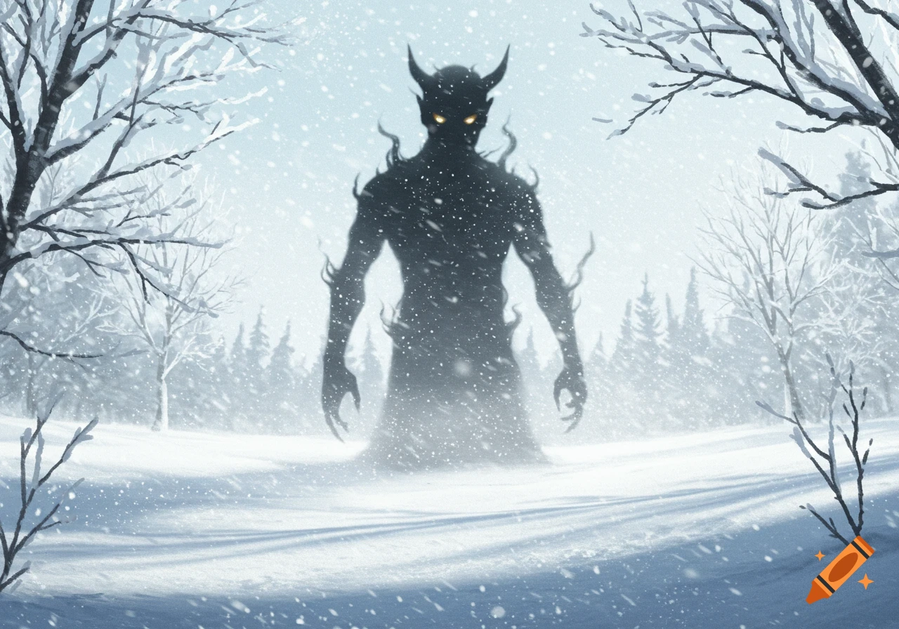 A dark, horned, humanoid shadow figure with glowing yellow eyes stands in a snowy, barren winter forest during a blizzard.