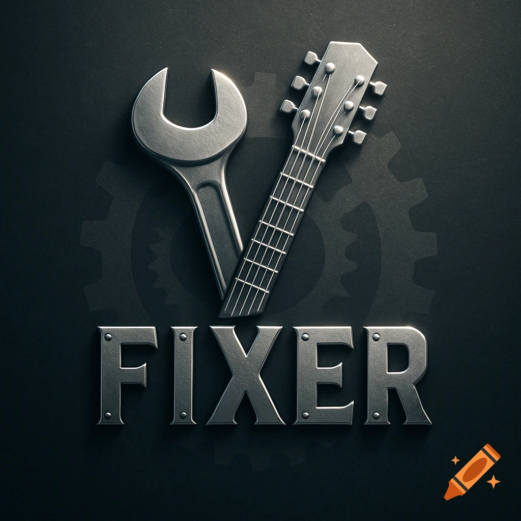 A metallic logo featuring a wrench and guitar neck forming a 'V' shape above the word FIXER, on a dark textured background.