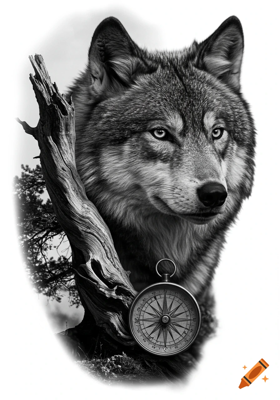 Black and white close-up of a wolf's head beside a gnarled tree trunk with a compass in the foreground.