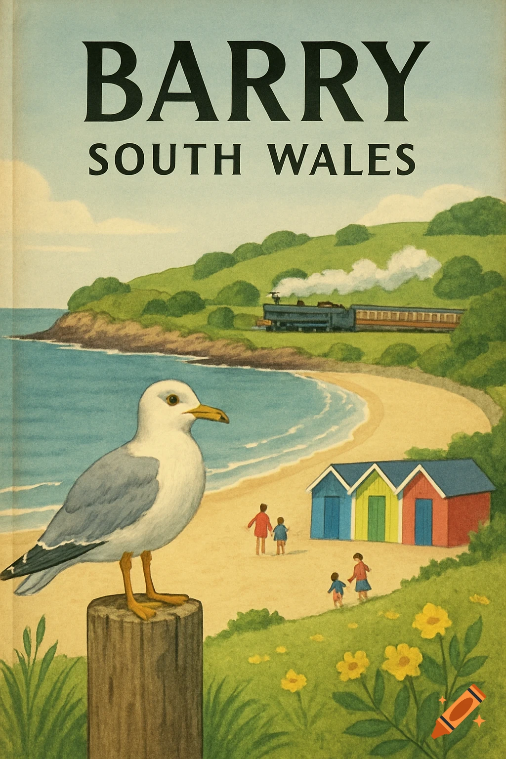 Vintage Ladybird-style illustration of a book cover for 'BARRY SOUTH WALES' featuring a seagull, beach, train, and beach huts.