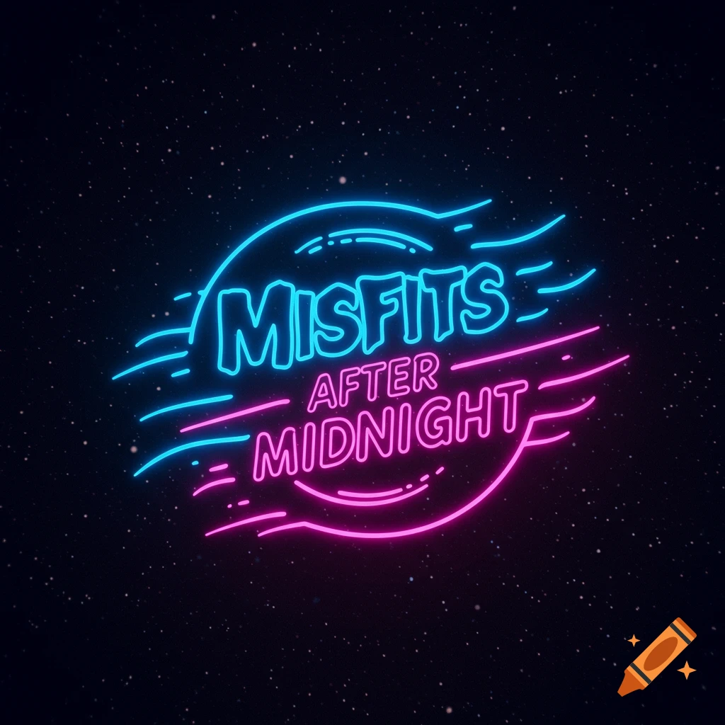 Neon sign reading 'Misfits After Midnight' against a starry night sky.