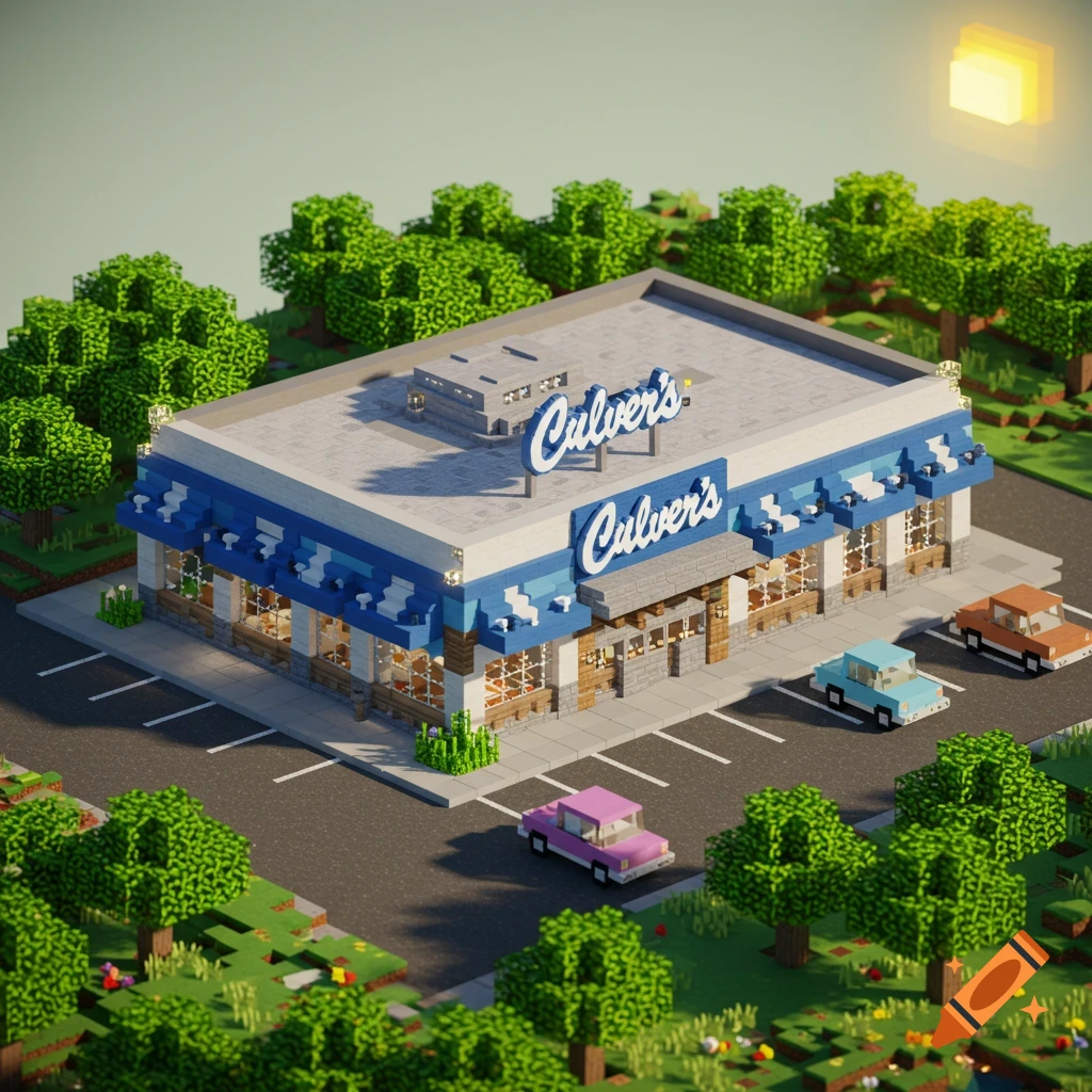A Minecraft-style Culver's restaurant with cars in the parking lot and trees surrounding it under a bright sun.