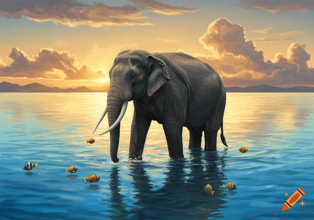 A large elephant stands in clear blue water with small fish around it, under a vibrant orange and purple sunset sky.