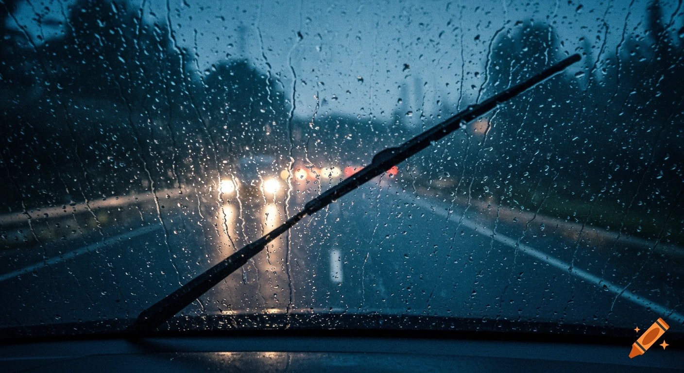 View from inside a car on a rainy night, looking through a wet windshield with a wiper. Headlights of oncoming cars are visible.