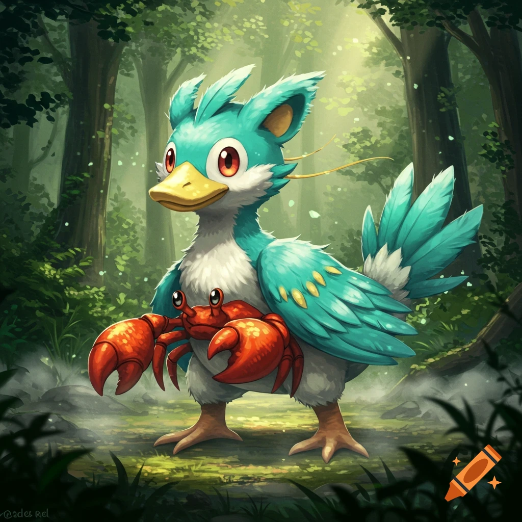 A cute teal and white feathered duck-like creature with red eyes holds a red crab in a lush green forest. Anime style.