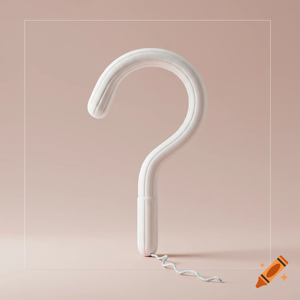A white textured 3D question mark, stylized as a tampon with a light blue string, on a minimalist pink background.