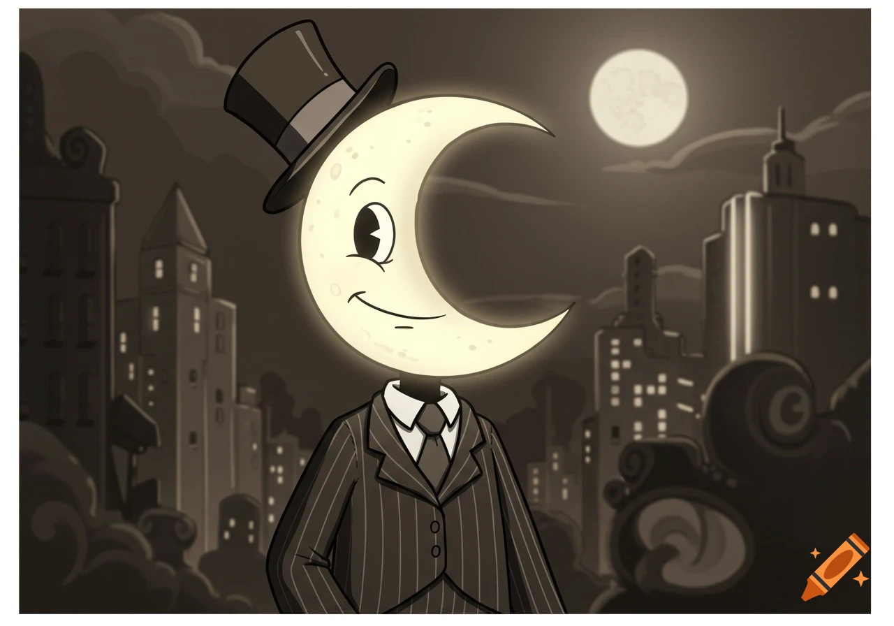A 1930s cartoon character with a crescent moon head, top hat, and pinstripe suit in a dark city at night.