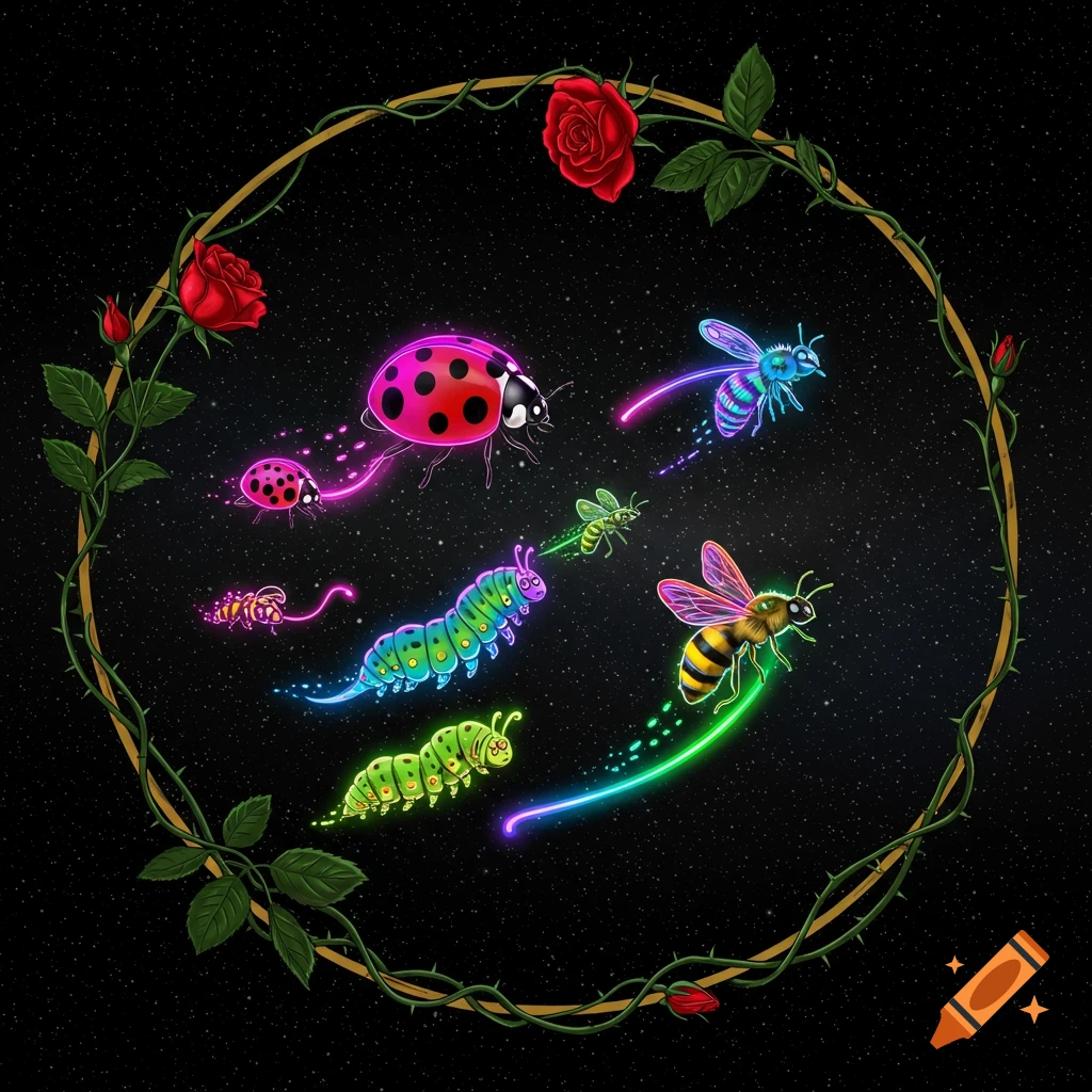 A vibrant, neon-lit illustration of multicolored ladybugs, caterpillars, and bees flying within a starry circle framed by a rose vine.