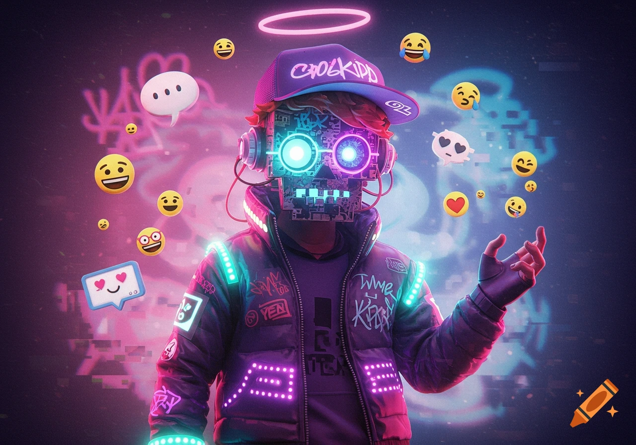 Cyberpunk character with a circuit board face, neon glowing jacket, and a cap, surrounded by floating emojis in a dark, glowing setting.