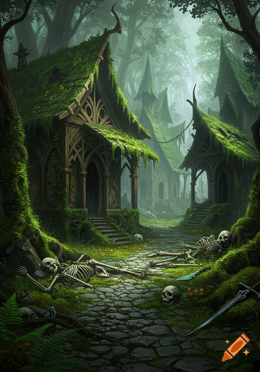 Overgrown fantasy village with moss-covered elven houses and skeletal remains on a stone path in a misty forest.