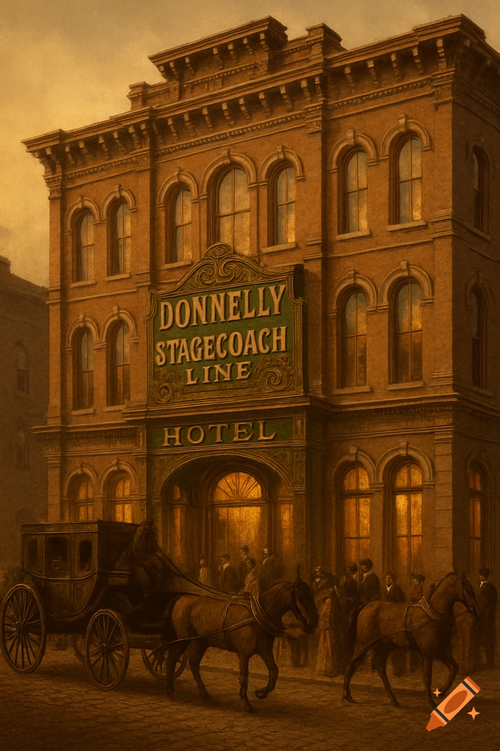 A vintage painting of a brick hotel with a 'Donnelly Stagecoach Line' sign, a horse-drawn stagecoach, and people on a street.