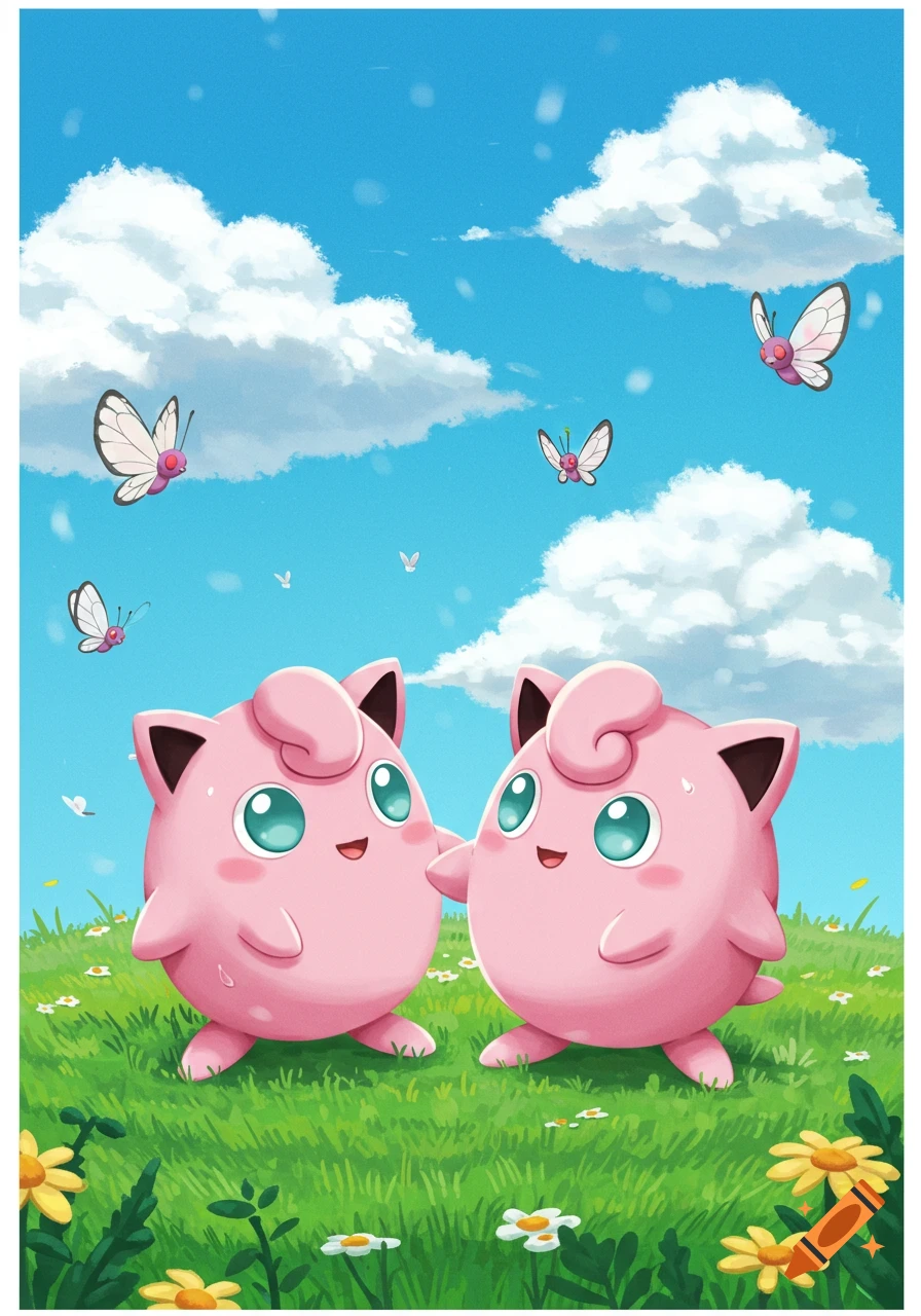 Two pink Jigglypuffs stand in a green field with flowers under a blue sky with clouds and butterflies.