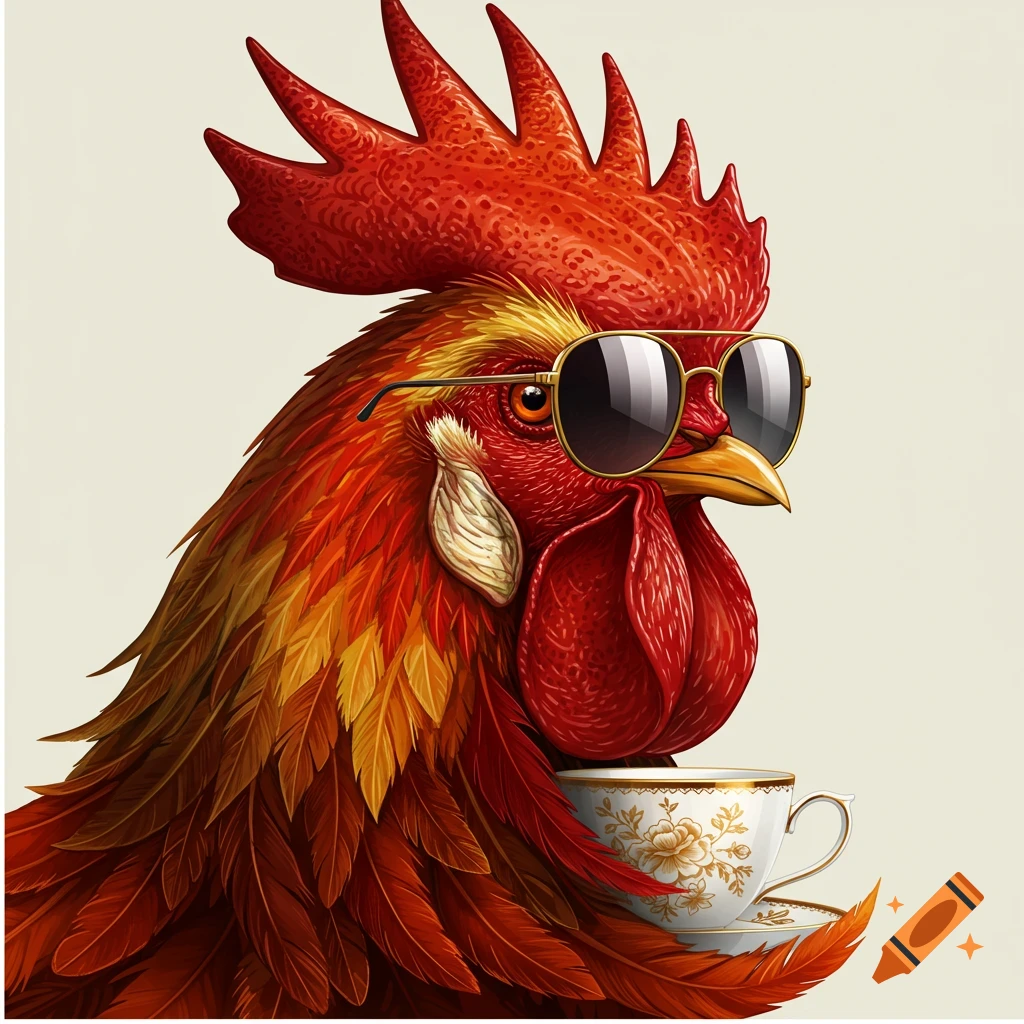 A high-detail digital illustration of a rooster wearing sunglasses and holding a teacup with its feathers.