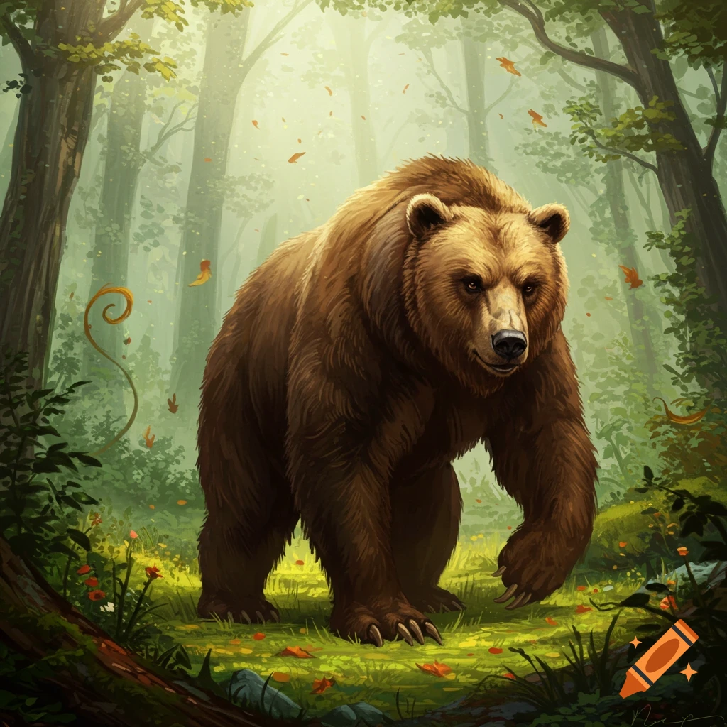 A majestic brown bear stands in a brightly lit, green forest with falling leaves, depicted in a detailed illustrative style.