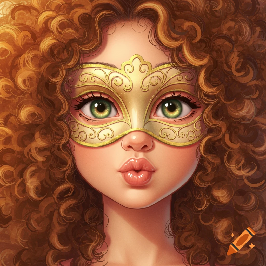 Cartoon headshot of a girl with curly brown hair, green eyes, and pouty lips wearing an ornate golden masquerade mask.