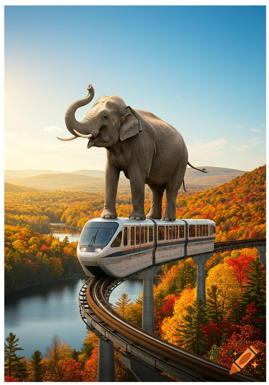A large elephant stands on top of a monorail train, traveling through a vibrant autumn landscape with a river below.