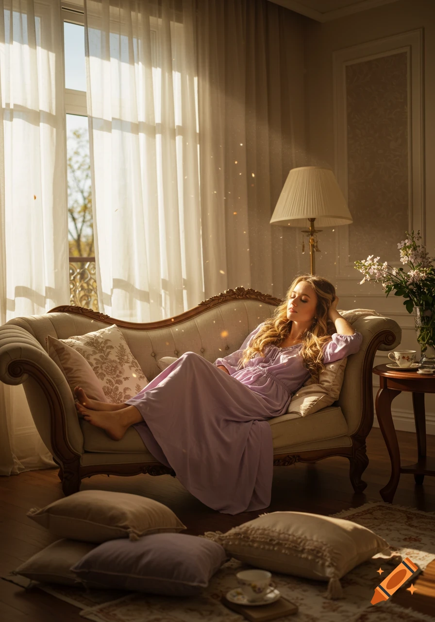 A woman in a lavender dress relaxes on a luxurious couch bathed in golden sunlight filtering through sheer curtains in a photorealistic style.