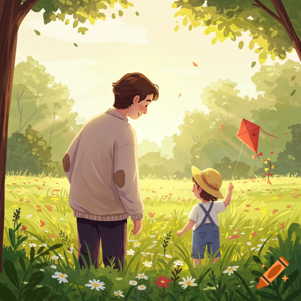Cartoon illustration of a parent and child in a sunny, flower-filled field, with the child holding a red kite.