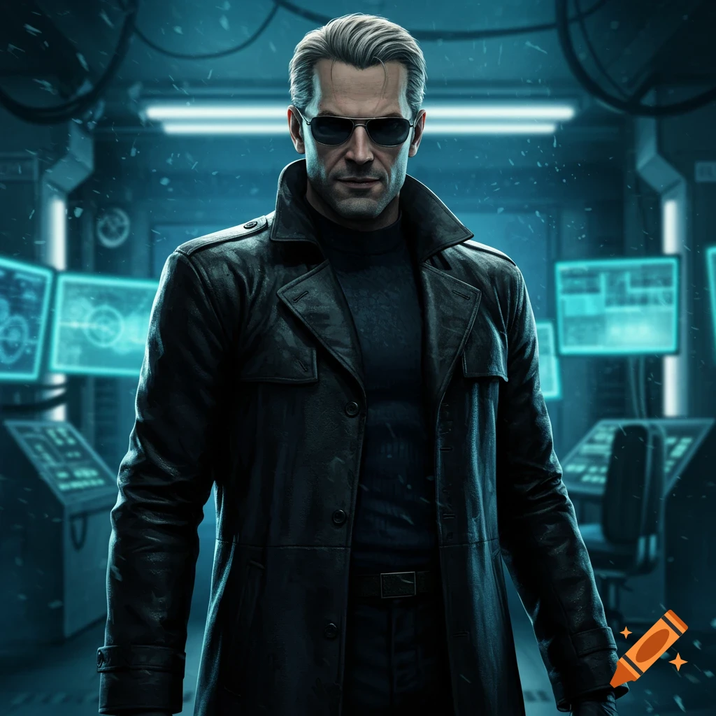 A stern-looking man with light hair and sunglasses, wearing a black trench coat, stands in a dark, blue-lit control room with glowing screens. Digital art.