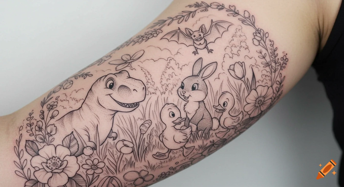 Black and grey cartoon tattoo on an arm featuring a T-Rex, bunny, two ducklings, and a bat in a whimsical floral meadow.
