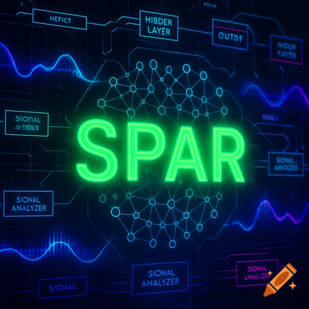 A futuristic neural net diagram with glowing green text "SPAR" at the center, surrounded by circuit lines, abstract nodes, digital signal processing blocks with garbled labels, and blue and purple waveforms.