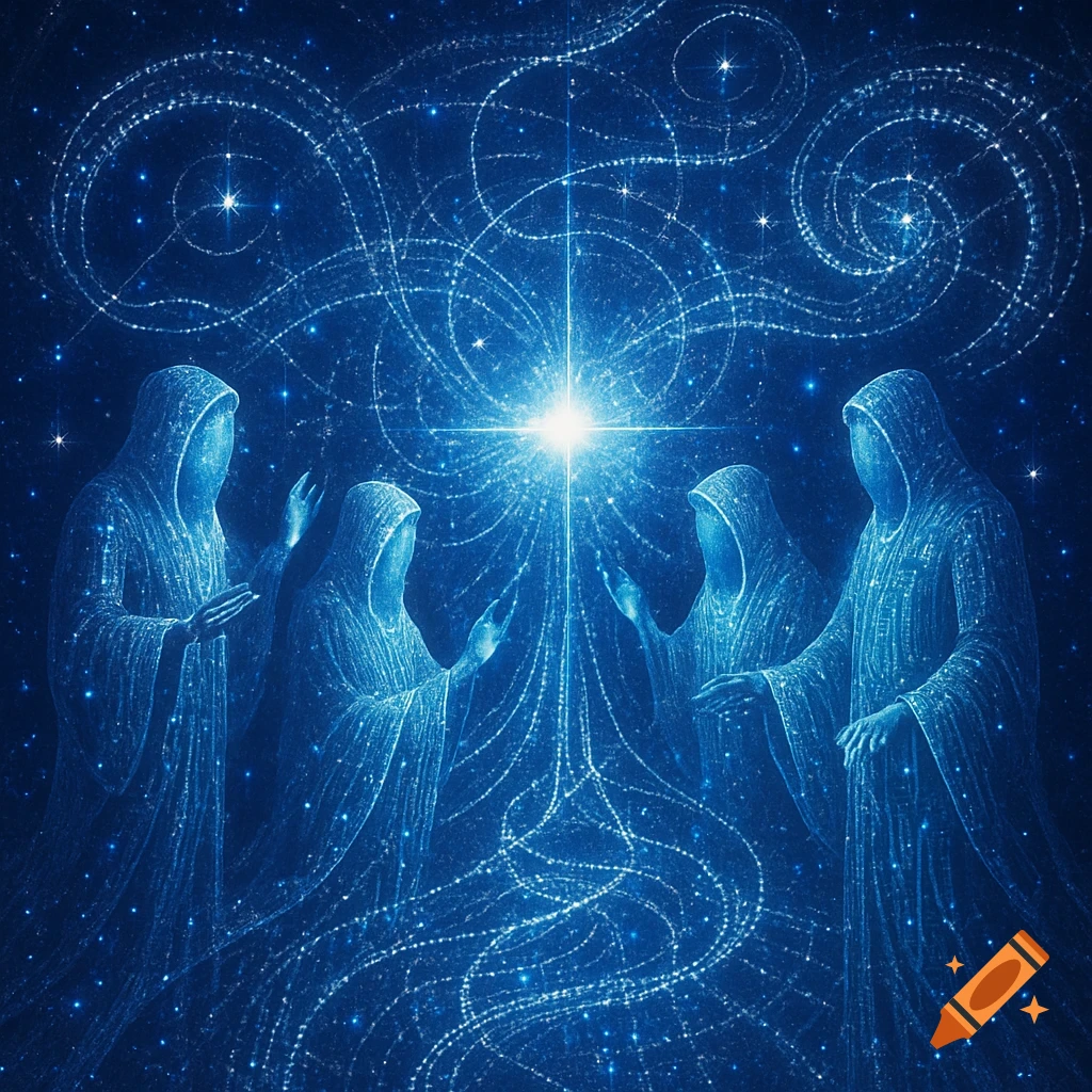 Blue hooded figures gathered around a bright central star in a cosmic, starry field of light trails, appearing mystical.