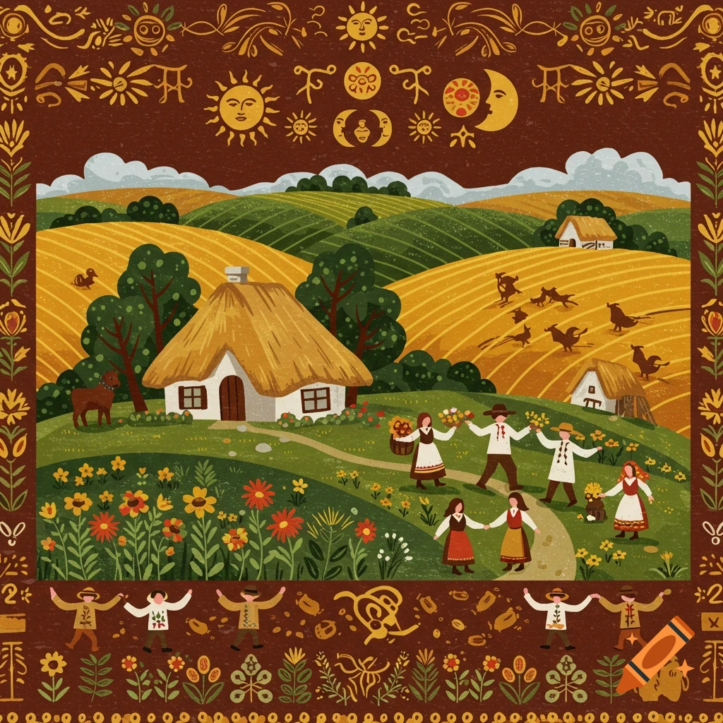 Colorful folk art illustration of a vibrant rural scene with people in traditional dress, a thatched house, rolling fields, and decorative borders.