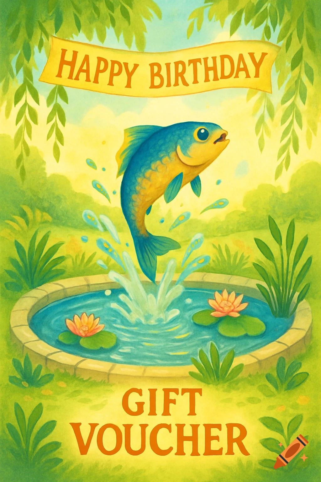 A colorful illustration of a blue and yellow fish jumping out of a pond with water lilies, under a banner reading "HAPPY BIRTHDAY" and text "GIFT VOUCHER" below.