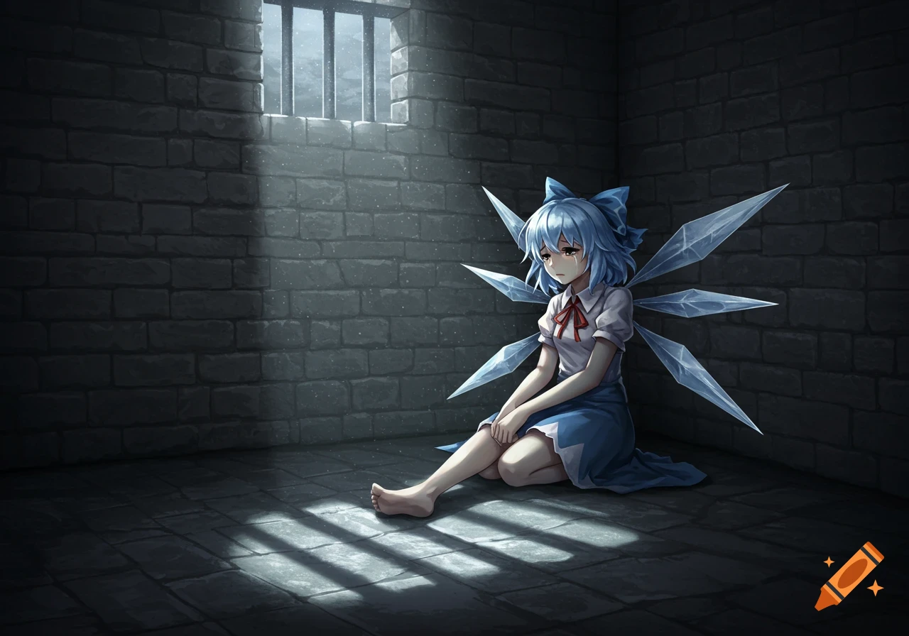 An anime character with light blue hair and ice wings, identified as Cirno, sits on the floor of a dim prison cell, crying. Light streams through a barred window.