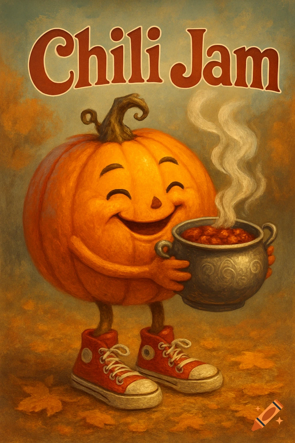 A cheerful pumpkin character in red high-top sneakers holds a steaming pot of chili. "Chili Jam" text appears above in an autumnal illustration.