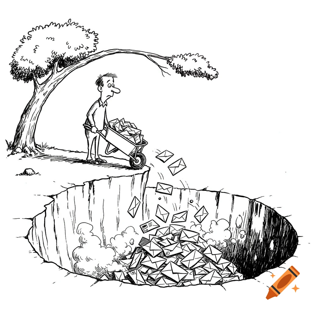 Black and white cartoon of a man dumping a wheelbarrow full of envelopes into a giant hole in the ground under a tree.