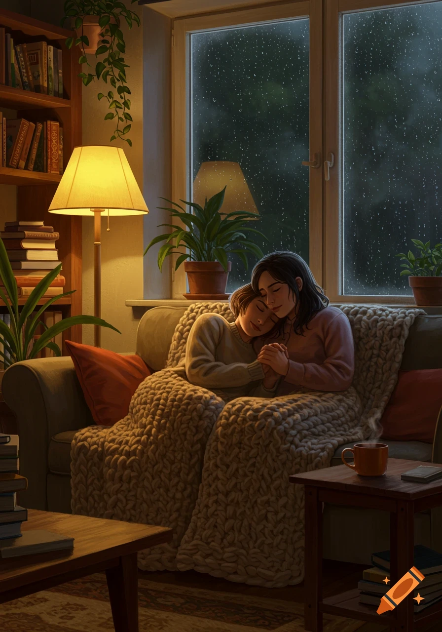 Two women cuddle on a couch under a knitted blanket in a cozy, lamp-lit living room as rain falls outside the window.
