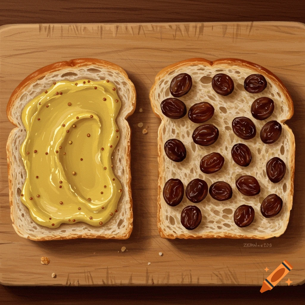 Two slices of white bread on a wooden board; one with yellow mustard, the other with raisins. Painterly style.